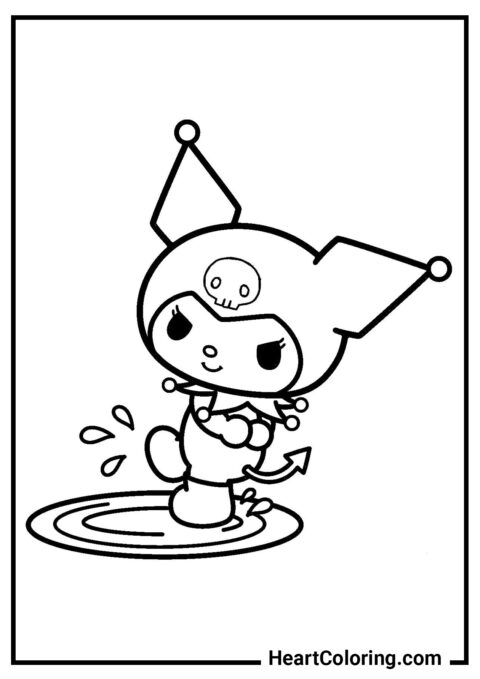 Kuromi pula em poças d’água - Desenhos de Kuromi para Colorir