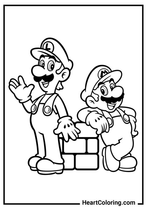 Mario y Luigi en un sitio de construcción - Dibujos de Mario Bros para Colorear