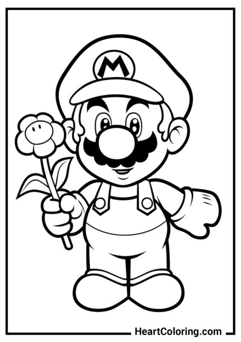 Mario con una flor - Dibujos de Mario Bros para Colorear