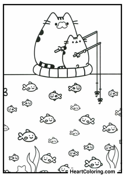 Pusheen and grandpa fishing - Pusheen The Cat Coloring Pages