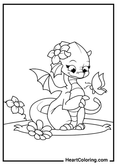 Lindo pequeno dragão na clareira - Desenhos de Dragões para colorir
