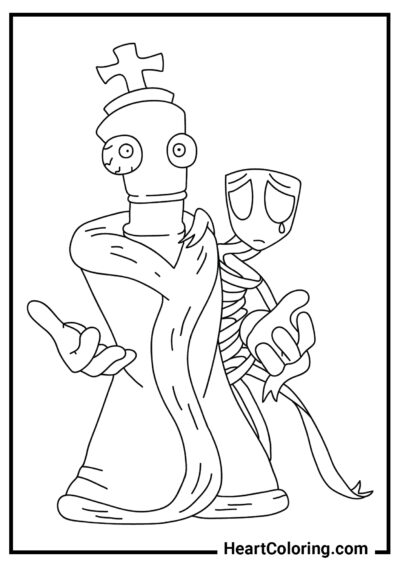Gangle hides behind Kinger - The Amazing Digital Circus Coloring Pages