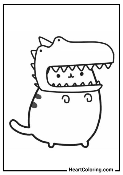 Pusheen the Cat in a Dinosaur Mask - Pusheen The Cat Coloring Pages