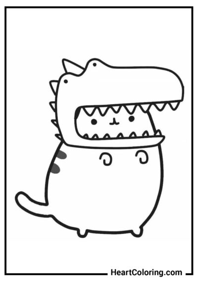 Pusheen il Gatto con una Maschera di Dinosauro - Disegni di Pusheen da Colorare