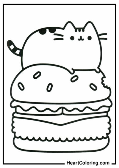 Cat on a huge hamburger - Pusheen The Cat Coloring Pages
