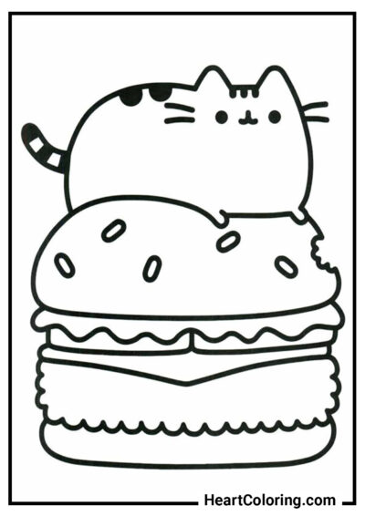 Gatto su un enorme hamburger - Disegni di Pusheen da Colorare