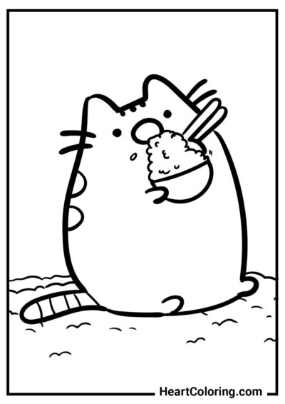 Pusheen eats rice - Pusheen The Cat Coloring Pages