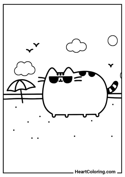 Pusheen spaziert am Strand – Ausmalvorlage mit hoher Auflösung