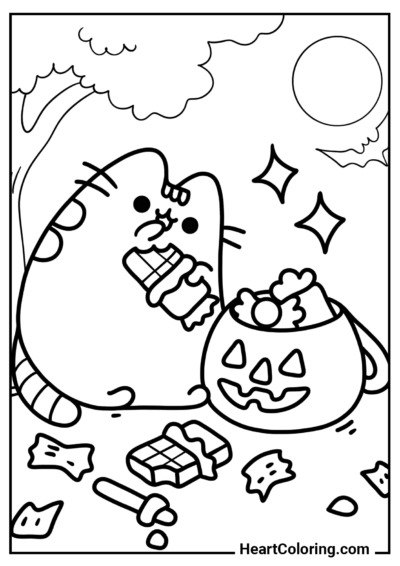 Pusheen mit einer Tüte Leckereien – jetzt herunterladen und online ausmalen