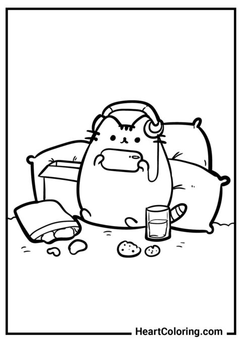 Pusheen the Cat plays video games - Pusheen The Cat Coloring Pages