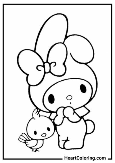 My Melody avec un oiseau - Coloriages Onegai My Melody