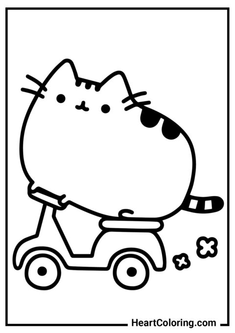 Pusheen, la gata, en un scooter - Dibujos de Pusheen para Colorear