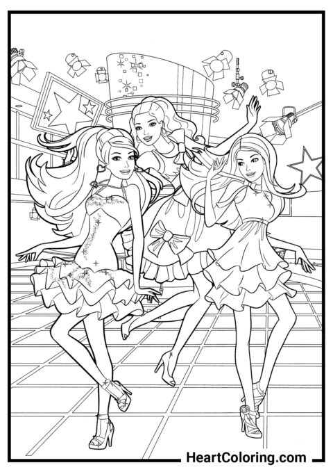 Poupées heureuses sur scène - Coloriages Barbie