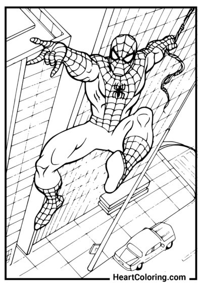 Volo sopra la città - Disegni di Spiderman da Colorare