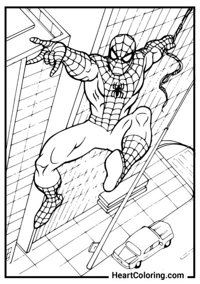 Vol au-dessus de la ville - Coloriages SpiderMan