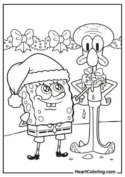 SpongeBob e Squidward per Natale - Disegni di Spongebob da Colorare