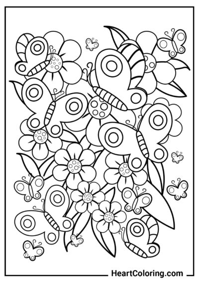 Butterflies among flowers - Butterfly Coloring Pages