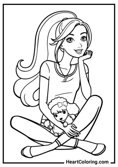 Poupée rêveuse avec un chien - Coloriages Barbie