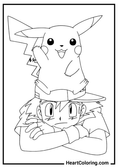 Pikachu en la cabeza de Ash - Dibujos de Pikachu para Colorear