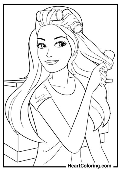 Barbie boucle ses cheveux - Coloriages Barbie