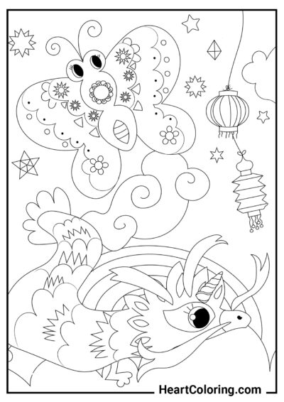 Papillon et dragon chinois - Coloriages de Papillons