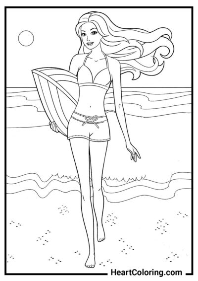 Poupée avec une planche de surf - Coloriages Barbie