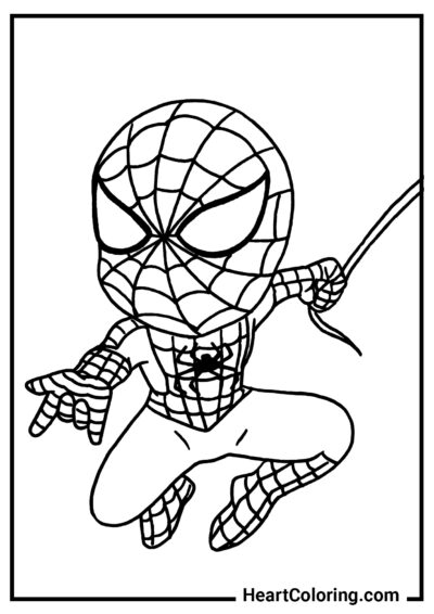 Chibi Spiderman auf dem Spinnennetz - Spiderman Ausmalbilder