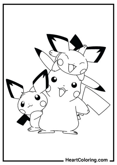 Pikachu y bebés Pichu - Dibujos de Pikachu para Colorear