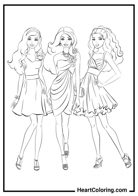 Trio di bambole eleganti - Disegni di Barbie da Colorare