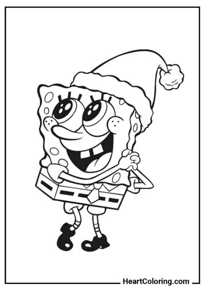 SpongeBob in a Christmas hat - SpongeBob Coloring Pages