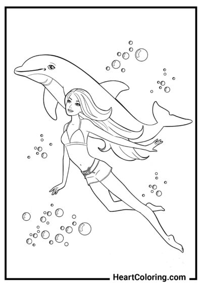 Barbie nage avec un dauphin - Coloriages Barbie