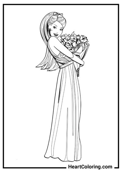 Barbie avec un bouquet de fleurs - Coloriages Barbie