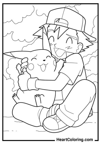 Happy Pikachu and Ash - Pikachu Coloring Pages