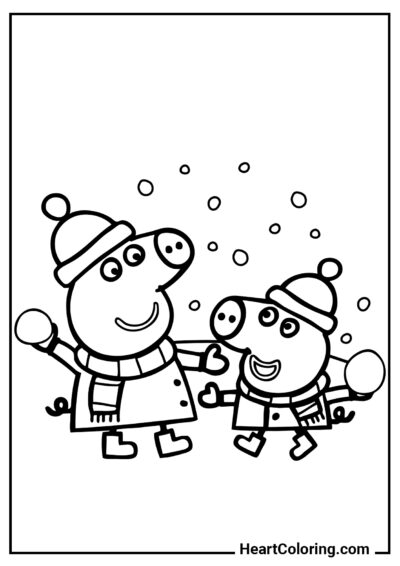 Peppa et George jouent aux boules de neige - Coloriages Peppa Pig