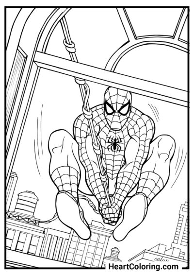 Человек-паук пробивает окно - Раскраски Человек Паук