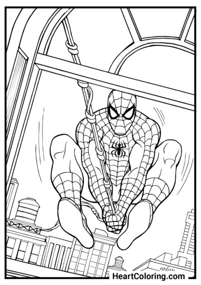 Spider-Man breaks through the window - Spider-Man Coloring Pages