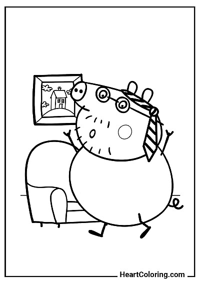 Увлекательная раскраска Папа Свин с галстуком на голове из категории "Раскраски Свинка Пеппа"