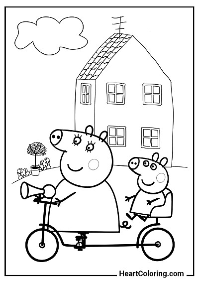 Раскраска Мама Свинка и Пеппа на велопрогулке — печать на формате А4