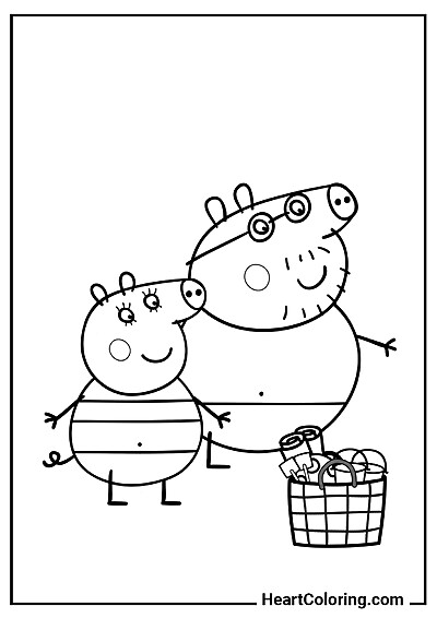 Интерактивная раскраска Папа Свин и Мама Свинка на пикнике — онлайн бесплатно