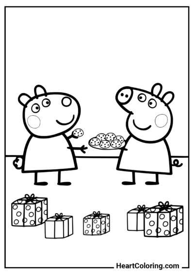 Peppa et Suzy avec des cadeaux - Coloriages Peppa Pig