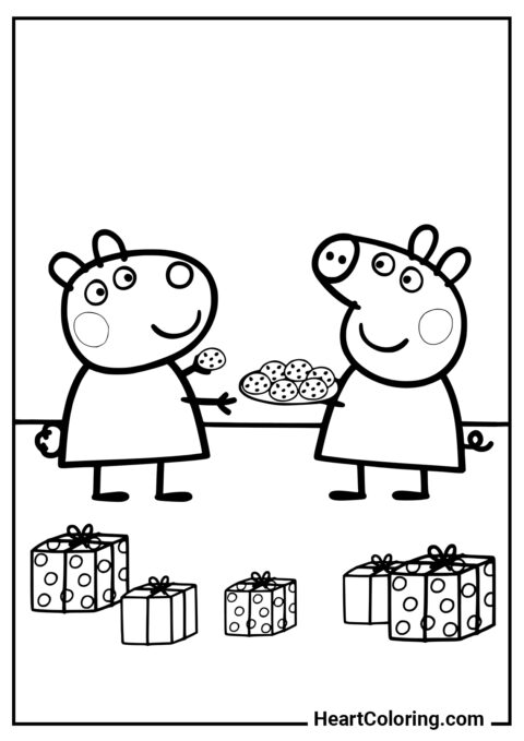 Peppa et Suzy avec des cadeaux - Coloriages Peppa Pig