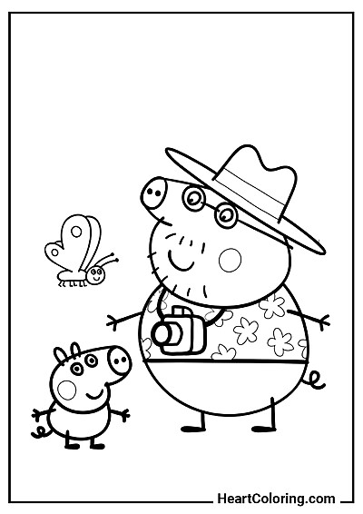 Papa Pig et George explorent la nature — dessin noir et blanc à colorier