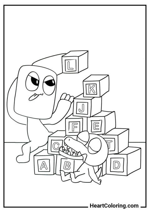 Green and Orange play with cubes - Rainbow Friends Coloring Pages