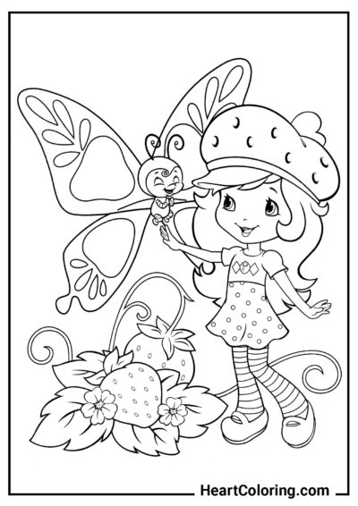 Charlotte aux Fraises et papillon - Coloriages de Papillons