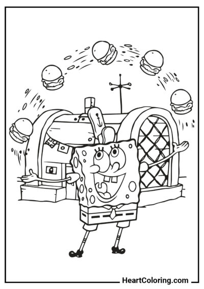 Bob Esponja hace malabares con hamburguesas - Dibujos de Bob Esponja para Colorear
