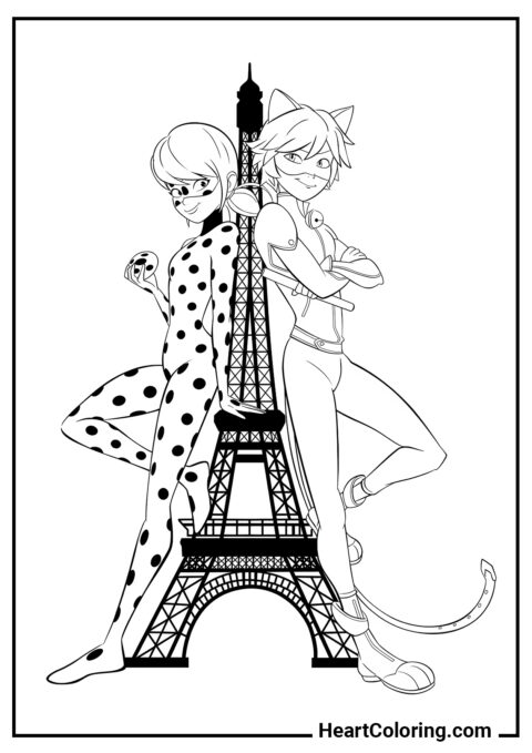 Ladybug und Cat Noir am Eiffelturm - Miraculous Ladybug Ausmalbilder