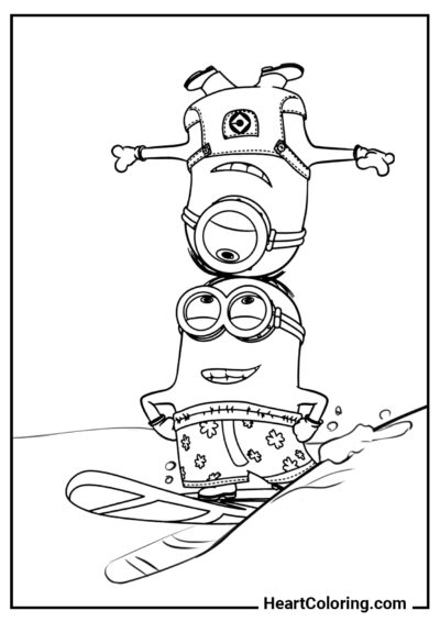 Minions faisant du surf - Coloriages Minions