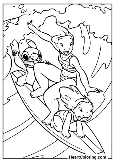 Famille sur la planche de surf - Coloriages Lilo et Stitch