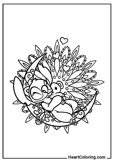 Stitch na półksiężycu – mandala — pobierz i pokoloruj za darmo