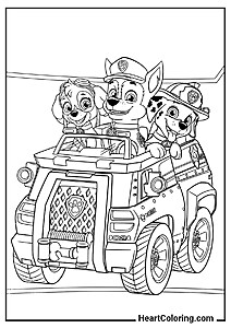 Cachorros en el coche de policía — dibujo en blanco para imprimir